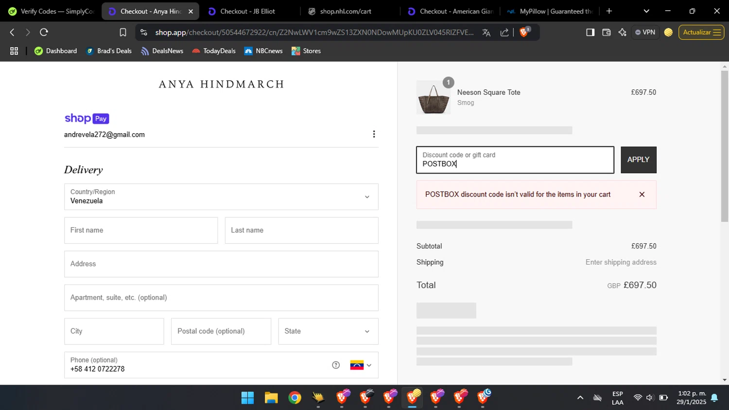 Anya Hindmarch promo code screenshot showing code POSTBOX applied at Anya Hindmarch checkout page. Uploaded by SimplyCodes community member FortunateWhiz6826 on Jan 29, 2025