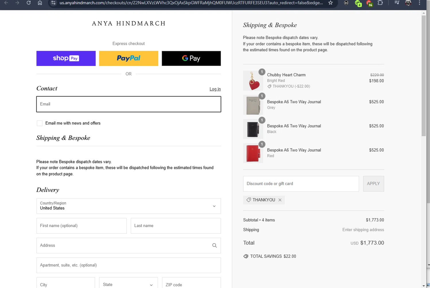 Anya Hindmarch promo code screenshot showing code THANKYOU applied at Anya Hindmarch checkout page. Uploaded by SimplyCodes community member Jmhernand1 on Jan 25, 2025