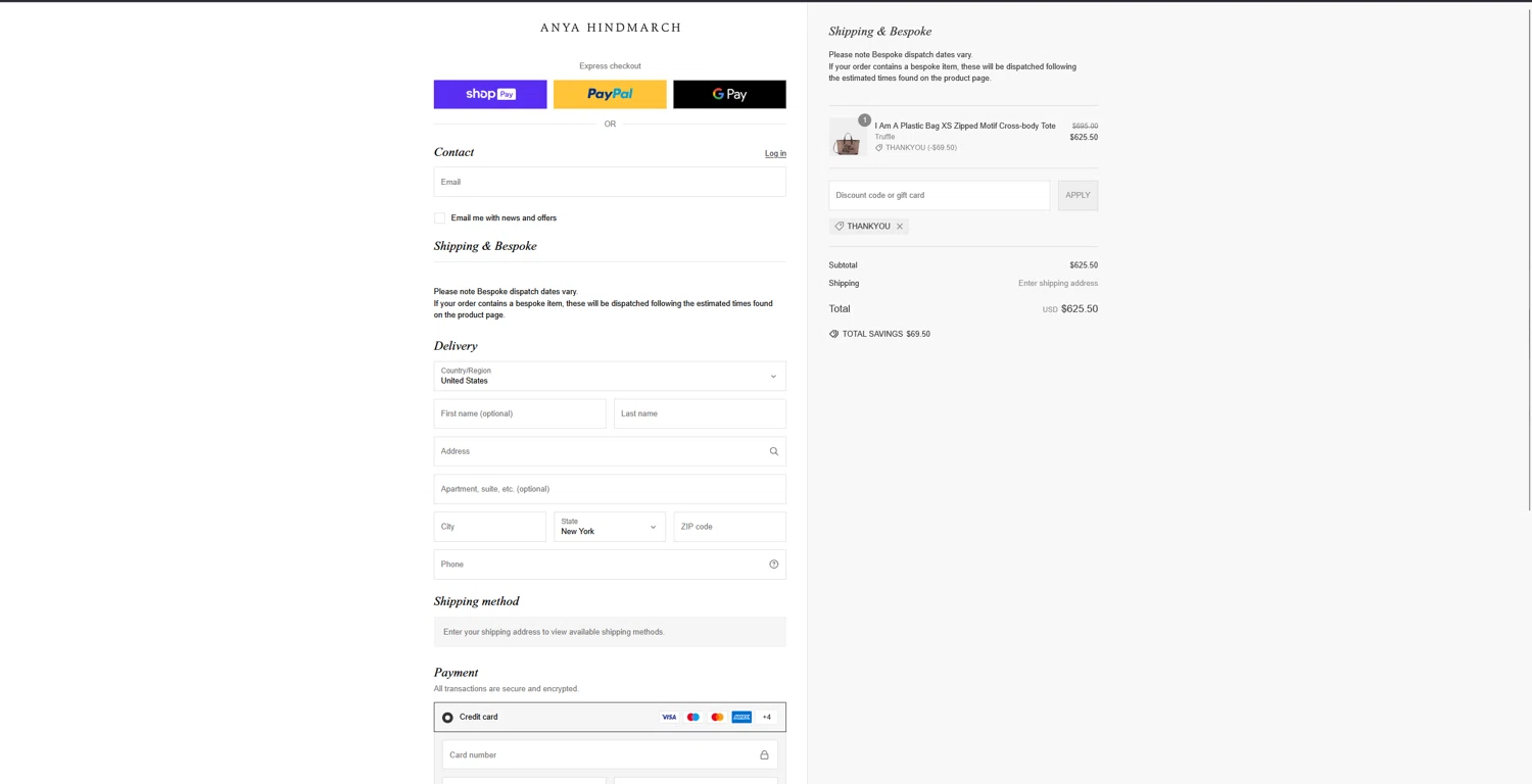 Anya Hindmarch promo code screenshot showing code THANKYOU applied at Anya Hindmarch checkout page. Uploaded by SimplyCodes community member bluemoony on Jan 21, 2025