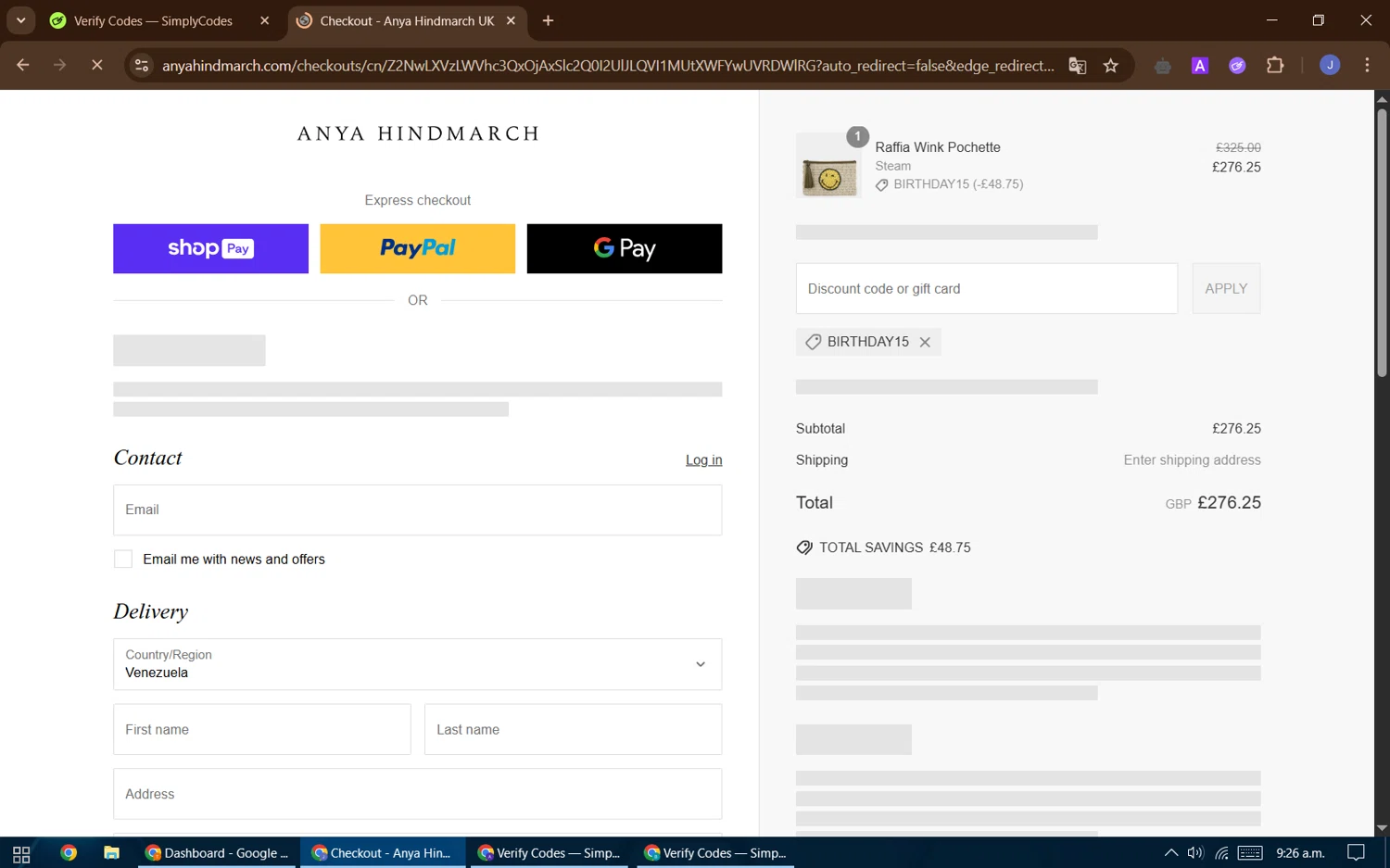 Anya Hindmarch promo code screenshot showing code BIRTHDAY15 applied at Anya Hindmarch checkout page. Uploaded by SimplyCodes community member DealFinder1711 on May 26, 2025
