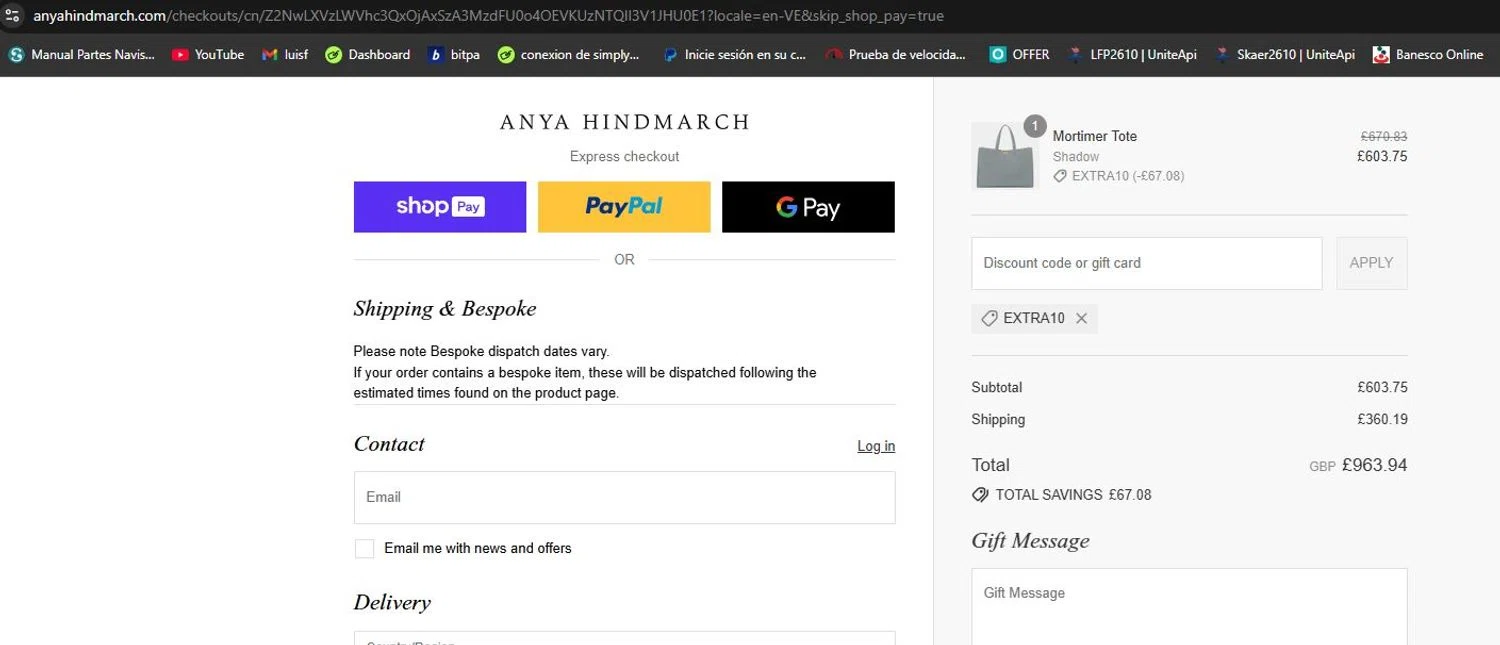 Anya Hindmarch promo code screenshot showing code EXTRA10 applied at Anya Hindmarch checkout page. Uploaded by SimplyCodes community member lfppernia on Jul 15, 2025