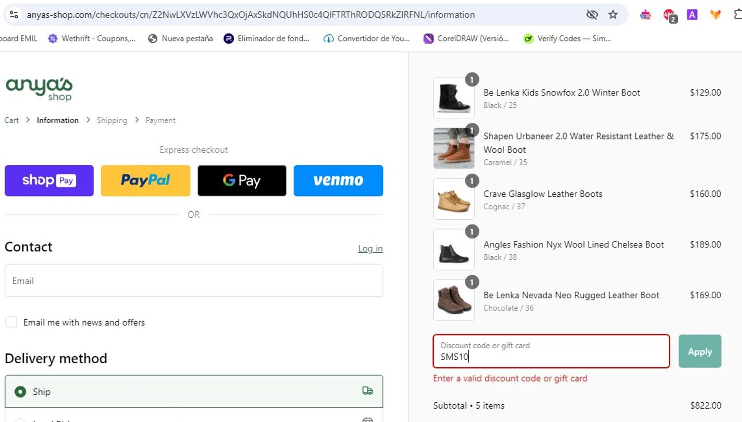 Anya's Shop discount code screenshot showing code SMS10 applied at Anya's Shop checkout page. Uploaded by SimplyCodes community member EJL_MIQUILENA on Jan 2, 2025