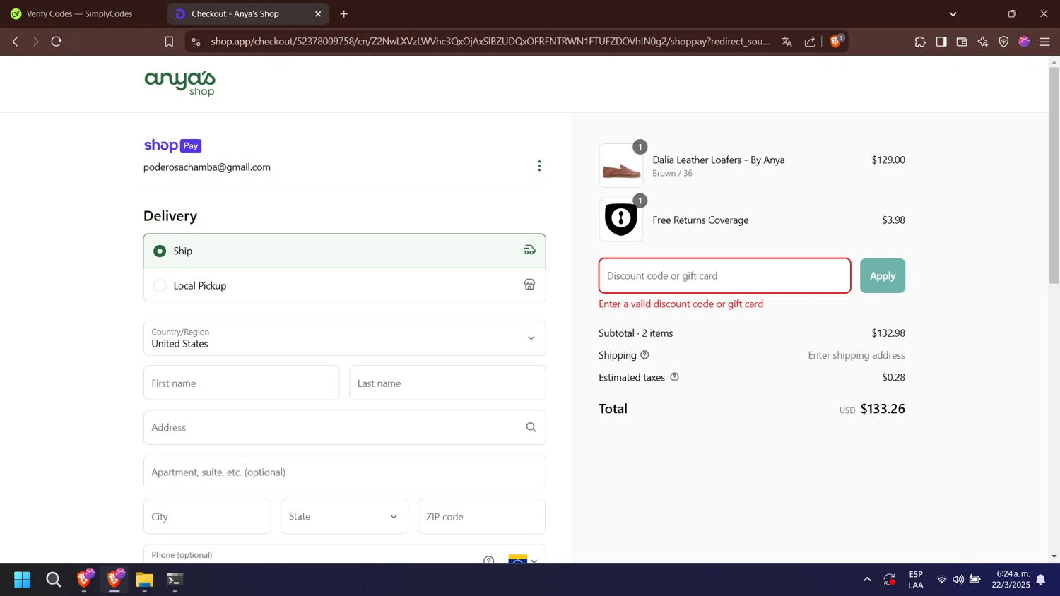 Anya's Shop discount code screenshot showing code gaithappens applied at Anya's Shop checkout page. Uploaded by SimplyCodes community member nabucodonosor on Mar 22, 2025