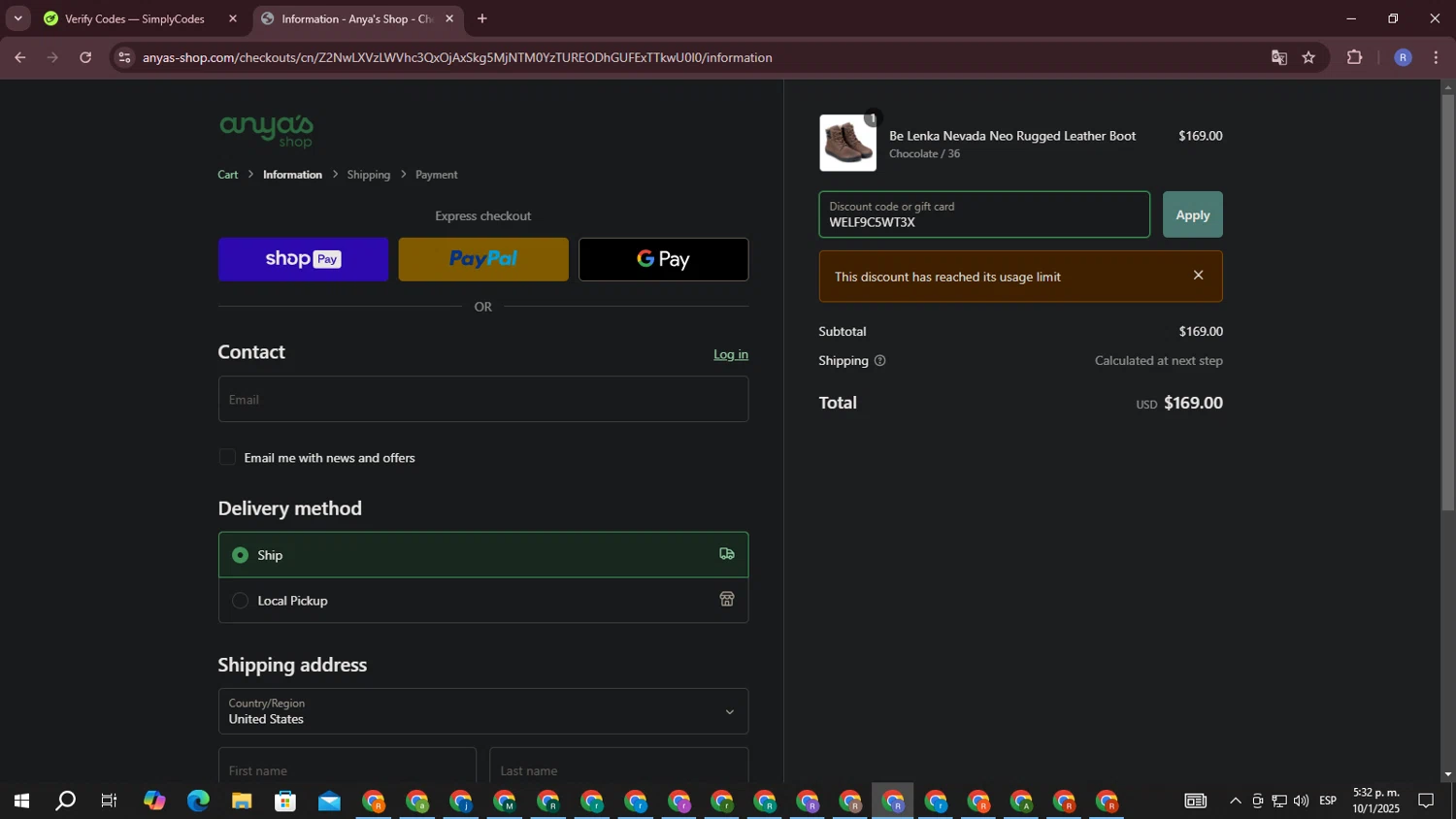 Anya's Shop discount code screenshot showing code WELF9C5WT3X applied at Anya's Shop checkout page. Uploaded by SimplyCodes community member ExtraordinarySaver3260 on Jan 10, 2025