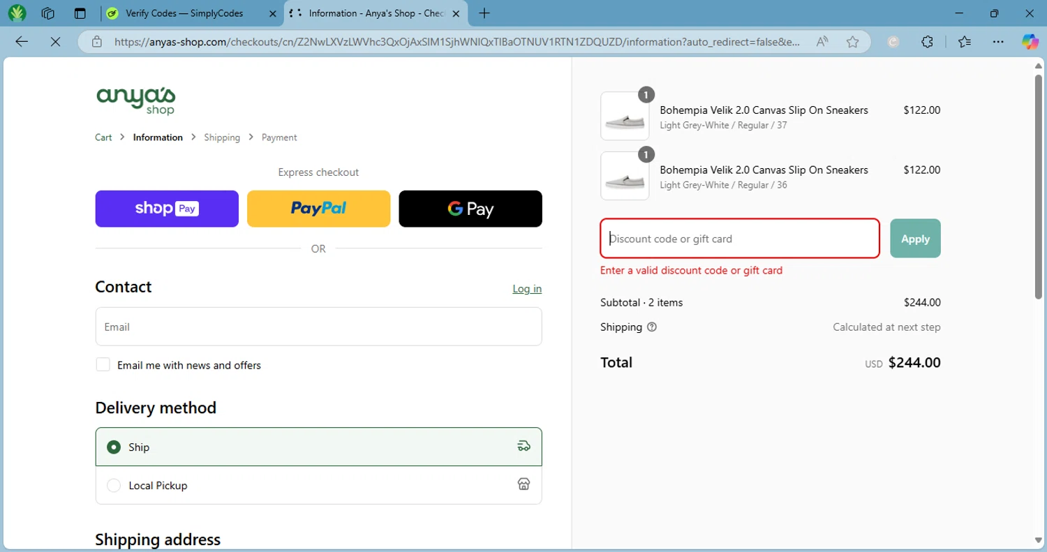Anya's Shop discount code screenshot showing code NEWSUB10 applied at Anya's Shop checkout page. Uploaded by SimplyCodes community member EpicKnight4704 on Apr 18, 2025