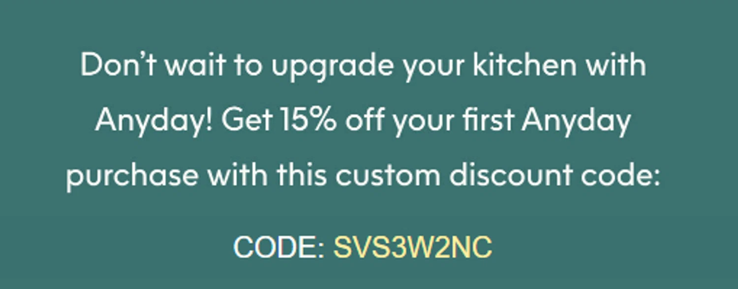Anyday promo code screenshot showing code SVS3W2NC applied at Anyday checkout page. Uploaded by SimplyCodes community member SilverMakeup on Jun 2, 2026