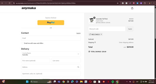 anymaka checkout page showing anymaka discount code box | Screenshot taken by SimplyCodes community member on May 28, 2025