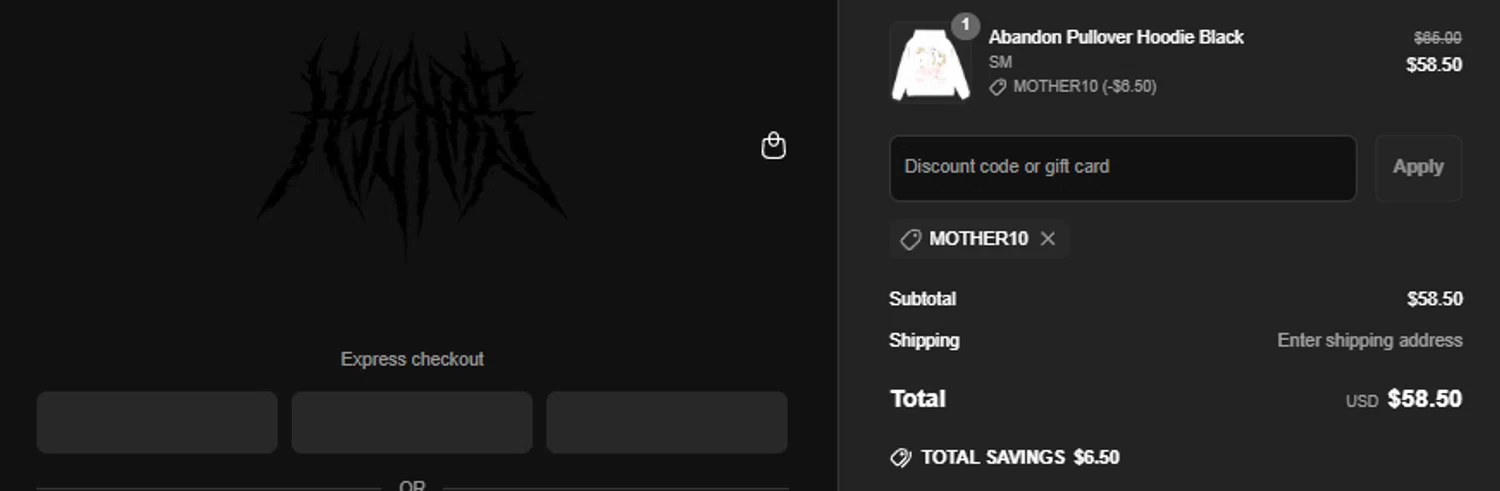 Any Means Necessary Clothing promo code screenshot showing code MOTHER10 applied at Any Means Necessary Clothing checkout page. Uploaded by SimplyCodes community member idkxxx on Jun 4, 2025
