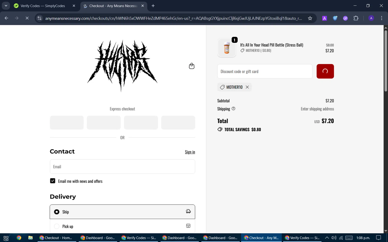 Any Means Necessary Clothing promo code screenshot showing code MOTHER10 applied at Any Means Necessary Clothing checkout page. Uploaded by SimplyCodes community member ThriftySentinel2853 on Dec 21, 2025