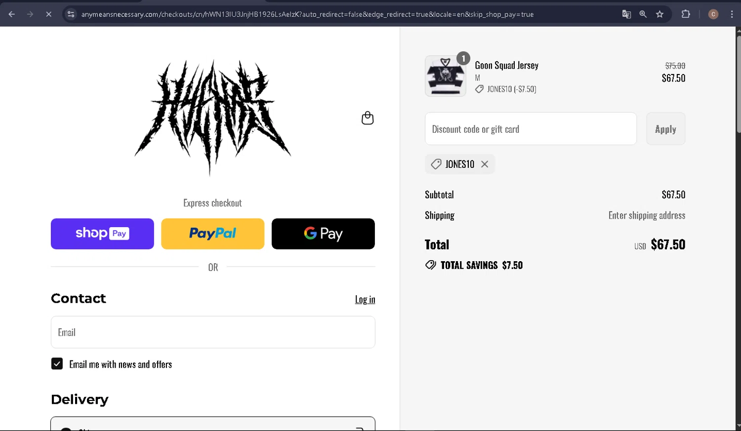 Any Means Necessary Clothing promo code screenshot showing code JONES10 applied at Any Means Necessary Clothing checkout page. Uploaded by SimplyCodes community member carlosra07 on Jul 26, 2025