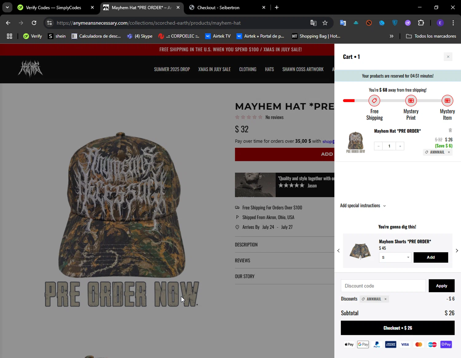 Any Means Necessary Clothing promo code screenshot showing code AMNMAIL applied at Any Means Necessary Clothing checkout page. Uploaded by SimplyCodes community member LuckyFinder274 on Jul 17, 2025