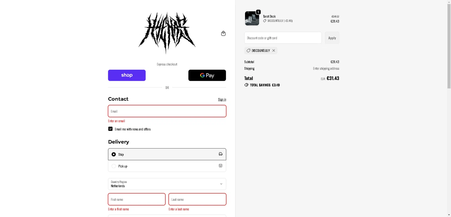 Any Means Necessary Clothing promo code screenshot showing code DISCOUNTJULY applied at Any Means Necessary Clothing checkout page. Uploaded by SimplyCodes community member ExtraordinaryMaven3628 on Oct 25, 2025