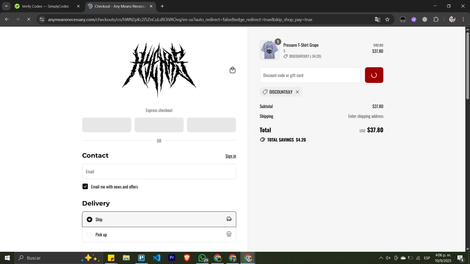 Any Means Necessary Clothing promo code screenshot showing code DISCOUNTJULY applied at Any Means Necessary Clothing checkout page. Uploaded by SimplyCodes community member Pansito on Sep 10, 2025