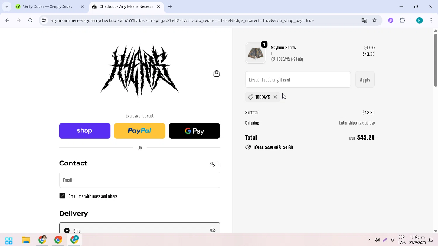 Any Means Necessary Clothing promo code screenshot showing code 100DAYS applied at Any Means Necessary Clothing checkout page. Uploaded by SimplyCodes community member CodeHunter9012 on Sep 23, 2025