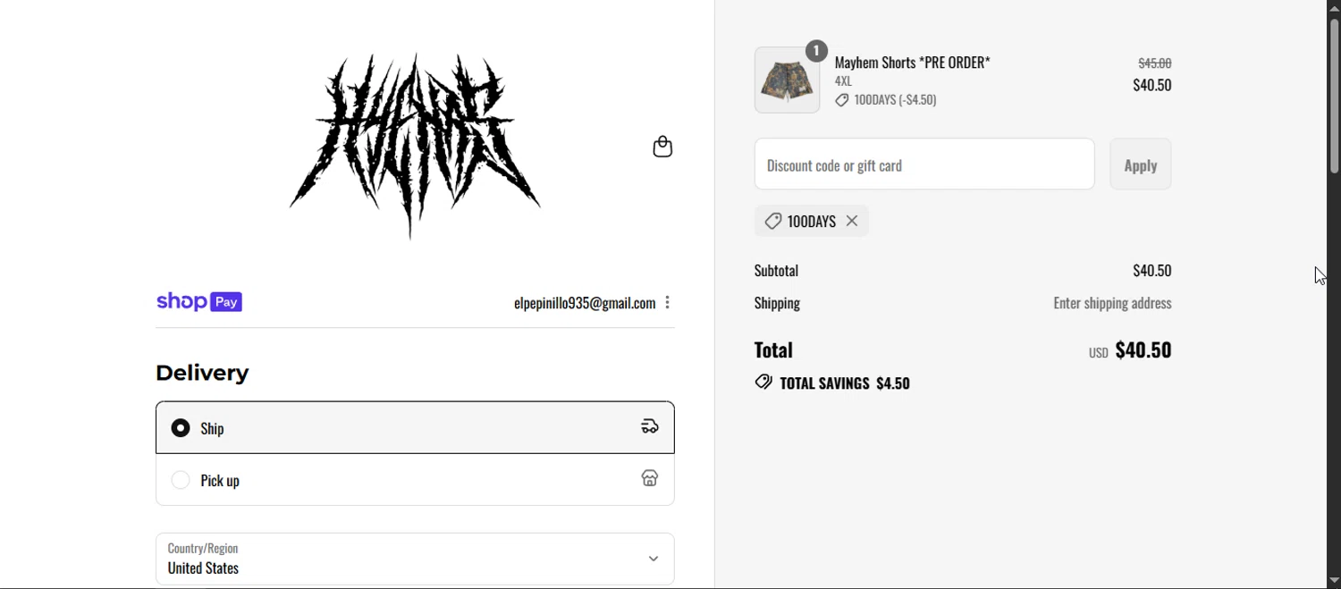 Any Means Necessary Clothing promo code screenshot showing code 100DAYS applied at Any Means Necessary Clothing checkout page. Uploaded by SimplyCodes community member Enmanuel99 on Aug 15, 2025