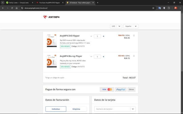 AnyMP4 checkout page showing AnyMP4 promo code box | Screenshot taken by SimplyCodes community member on Jan 31, 2025