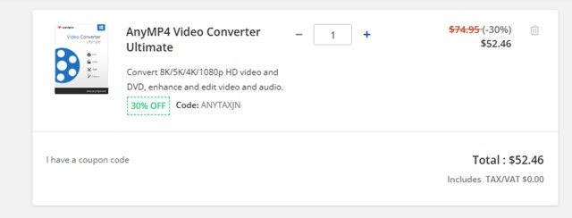 AnyMP4 checkout page showing AnyMP4 promo code box | Screenshot taken by SimplyCodes community member on Jan 9, 2025