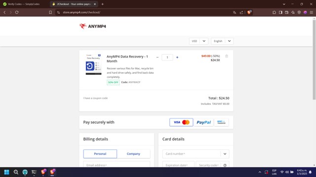AnyMP4 checkout page showing AnyMP4 promo code box | Screenshot taken by SimplyCodes community member on Mar 1, 2025
