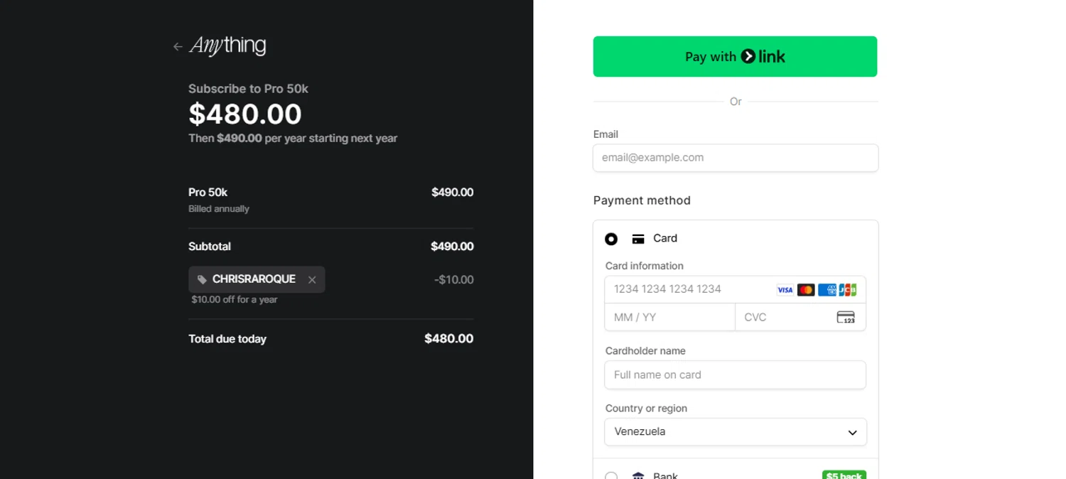 Anything AI promo code screenshot showing code CHRISRAROQUE applied at Anything AI checkout page. Uploaded by SimplyCodes community member CarmenAyuth on Oct 23, 2025