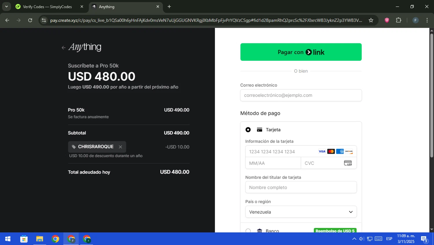 Anything AI promo code screenshot showing code CHRISRAROQUE applied at Anything AI checkout page. Uploaded by SimplyCodes community member pajarito on Nov 3, 2025