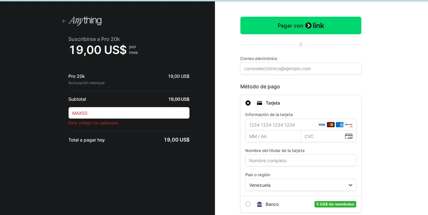 Anything AI promo code screenshot showing code MAX50 applied at Anything AI checkout page. Uploaded by SimplyCodes community member Big_smoke on Nov 8, 2025