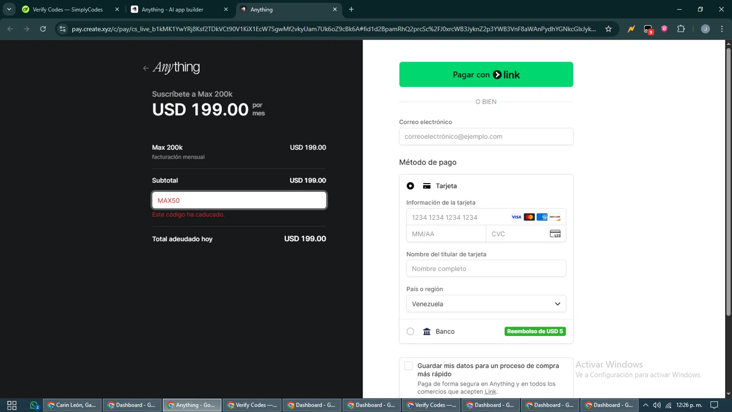 Anything AI promo code screenshot showing code MAX50 applied at Anything AI checkout page. Uploaded by SimplyCodes community member CashShopper1214 on Nov 8, 2025