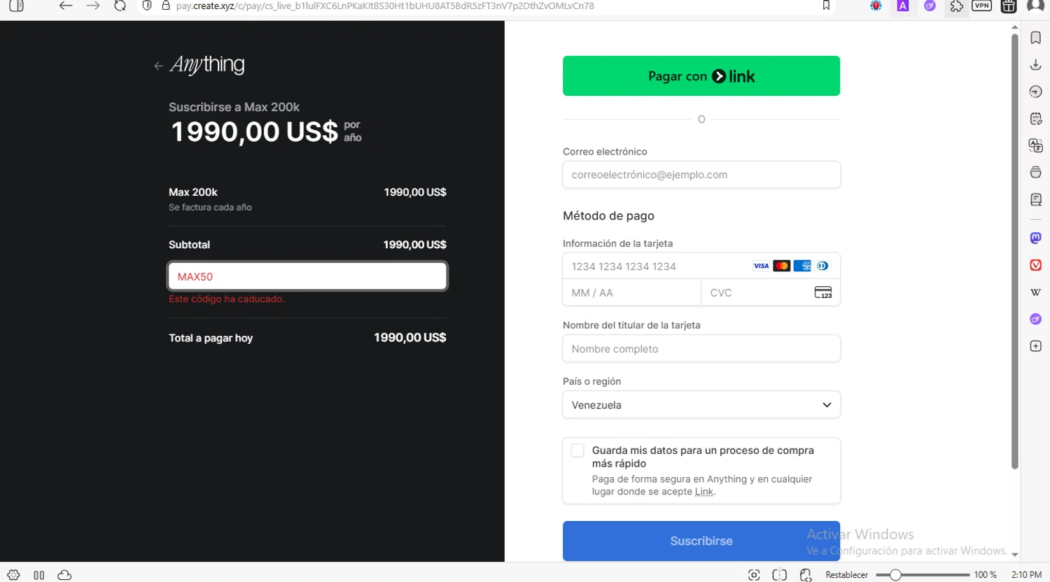 Anything AI promo code screenshot showing code MAX50 applied at Anything AI checkout page. Uploaded by SimplyCodes community member luissilva2 on Nov 8, 2025