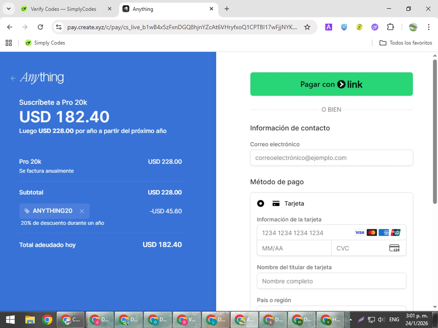 Anything AI checkout page showing Anything AI promo code box | Screenshot taken by SimplyCodes community member on Jan 24, 2026