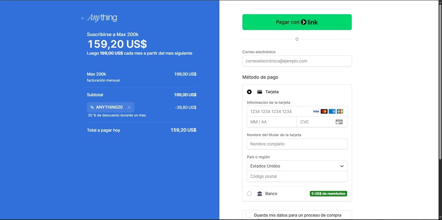 Anything AI promo code screenshot showing code ANYTHING20 applied at Anything AI checkout page. Uploaded by SimplyCodes community member Depressive on Dec 15, 2025