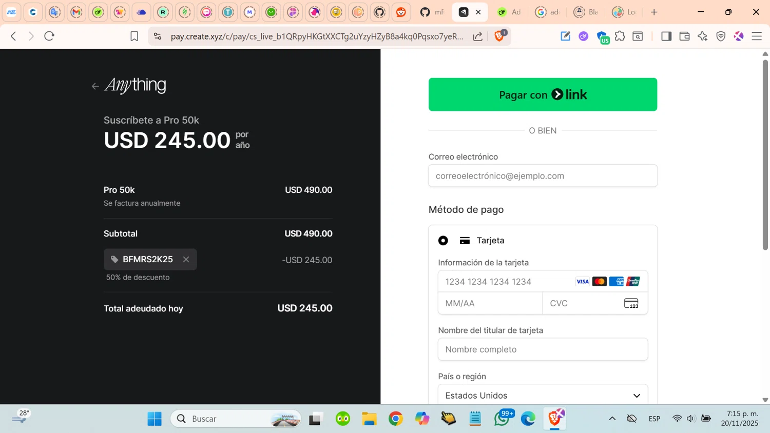 Anything AI promo code screenshot showing code BFMRS2K25 applied at Anything AI checkout page. Uploaded by SimplyCodes community member cosita on Nov 20, 2025