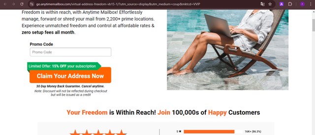 Anytime Mailbox checkout page showing Anytime Mailbox promo code box | Screenshot taken by SimplyCodes community member on Sep 11, 2024