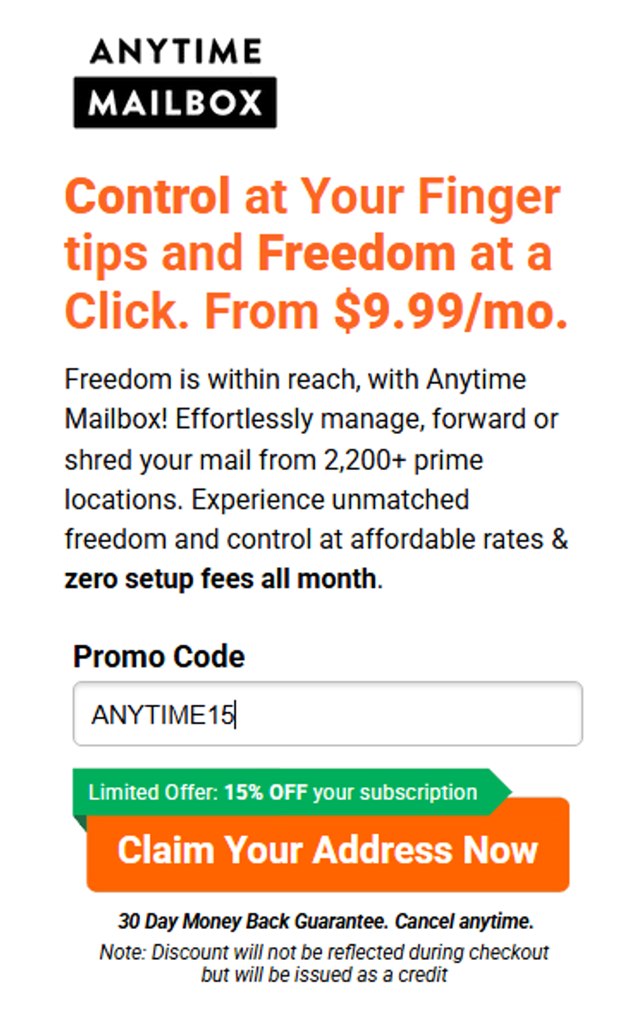Anytime Mailbox checkout page showing Anytime Mailbox promo code box | Screenshot taken by SimplyCodes community member on Aug 11, 2025