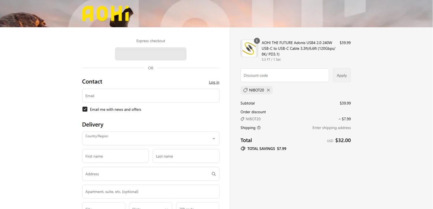 AOHI Tech promo code screenshot showing code NIBOT20 applied at AOHI Tech checkout page. Uploaded by SimplyCodes community member kalltrom21 on Jul 25, 2025