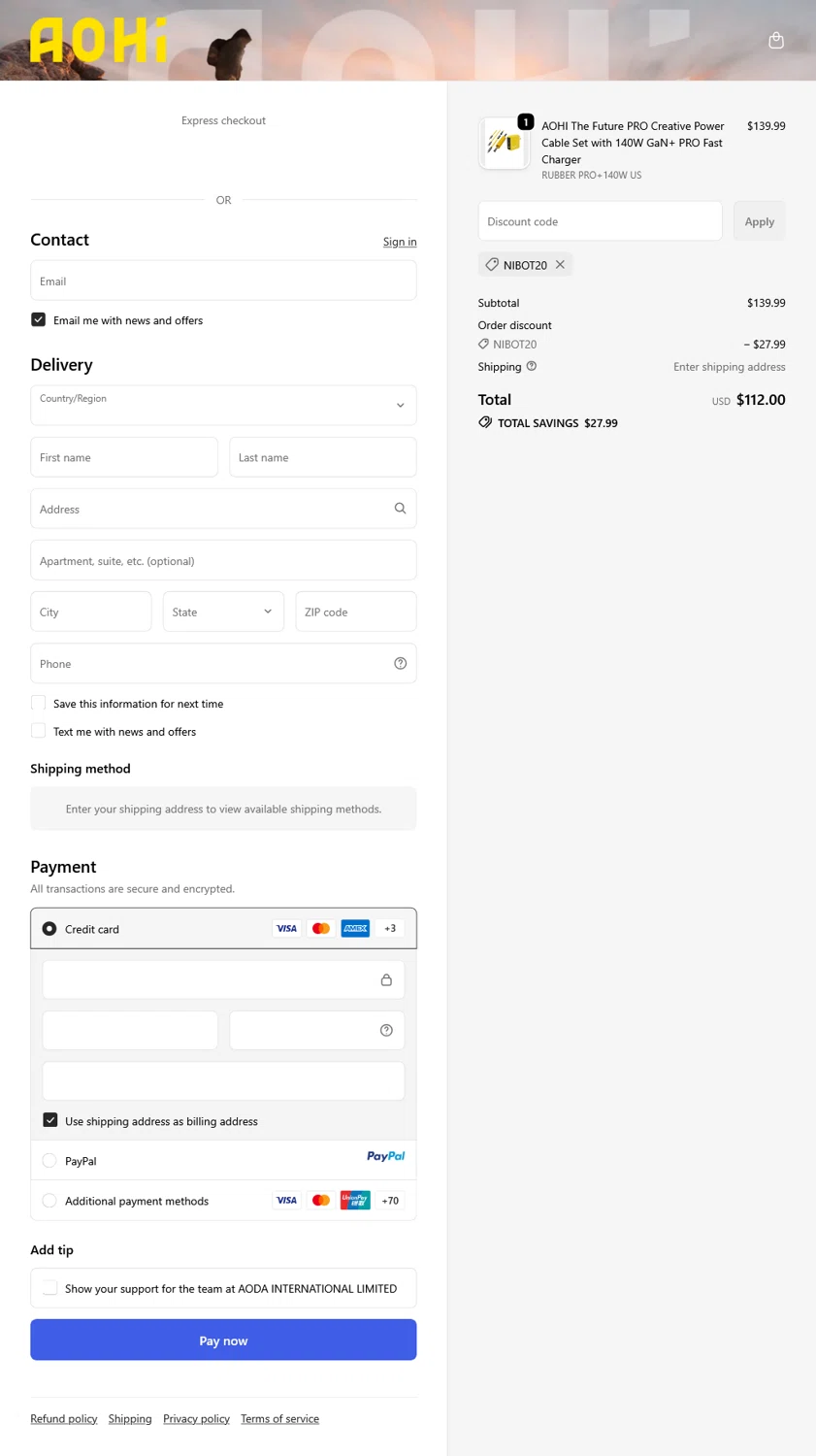 AOHI Tech promo code screenshot showing code NIBOT20 applied at AOHI Tech checkout page. Uploaded by SimplyCodes community member WladimirV on Oct 1, 2025