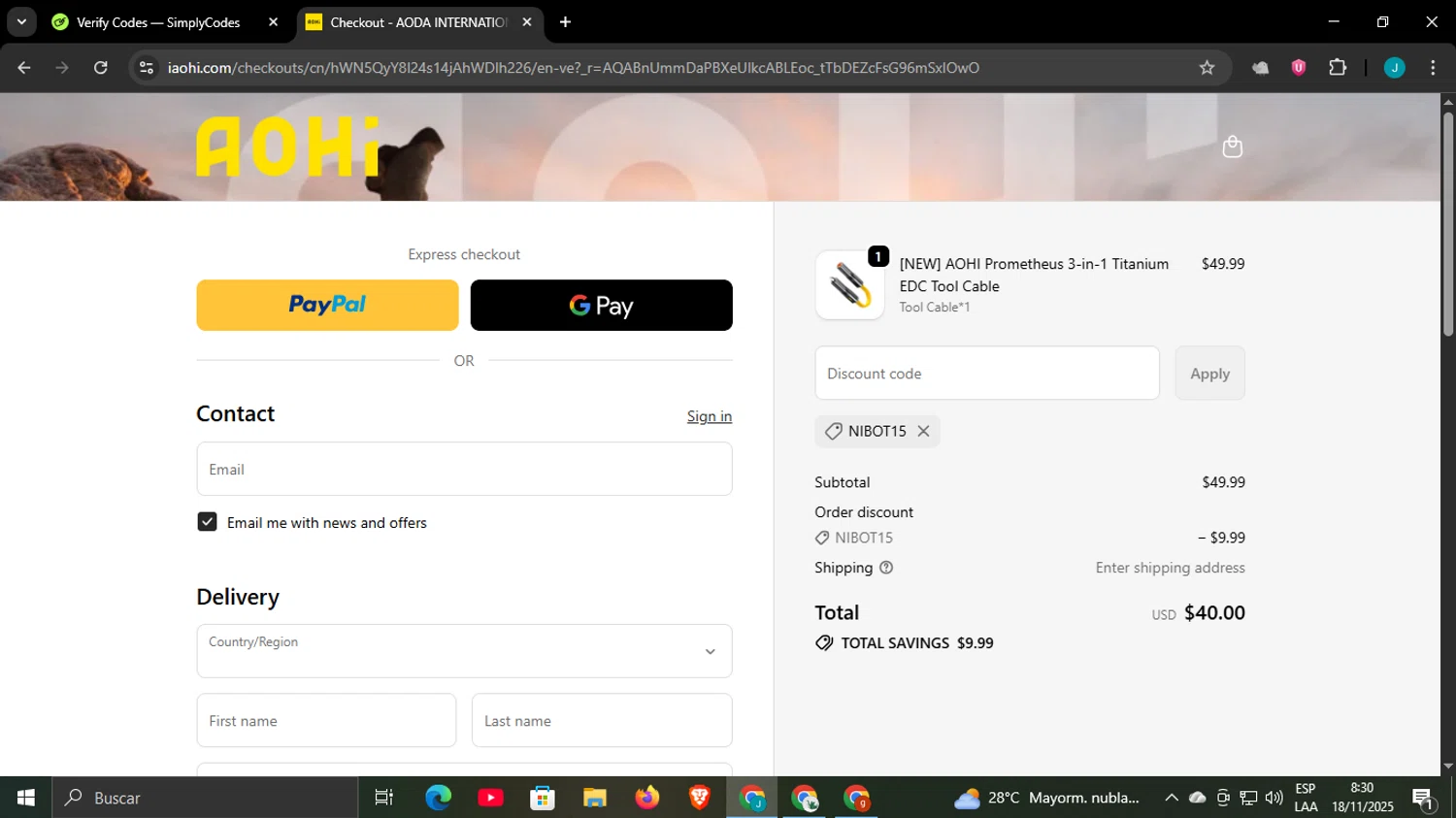 AOHI Tech promo code screenshot showing code NIBOT15 applied at AOHI Tech checkout page. Uploaded by SimplyCodes community member WonderCaptain6926 on Nov 18, 2025
