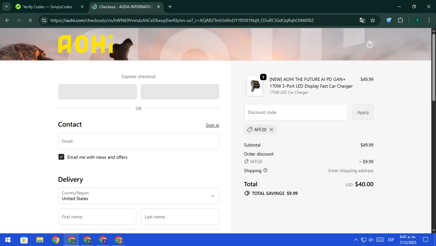 AOHI Tech promo code screenshot showing code AFF20 applied at AOHI Tech checkout page. Uploaded by SimplyCodes community member rodri1 on Dec 7, 2025
