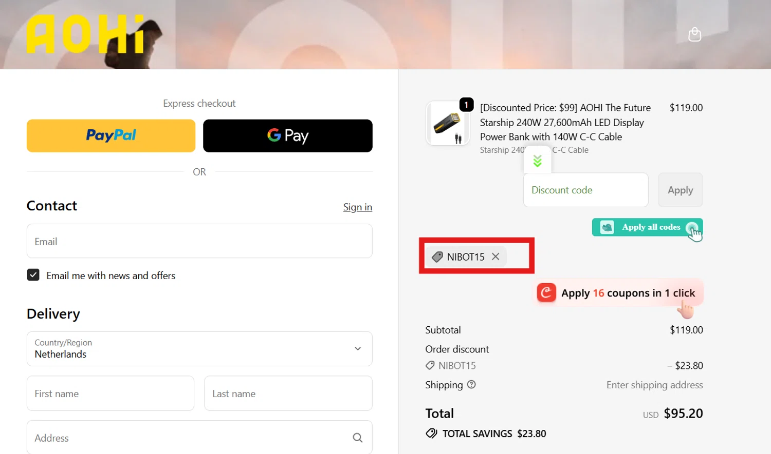 AOHI Tech promo code screenshot showing code NIBOT15 applied at AOHI Tech checkout page. Uploaded by SimplyCodes community member CleverSentinel4477 on Nov 18, 2025