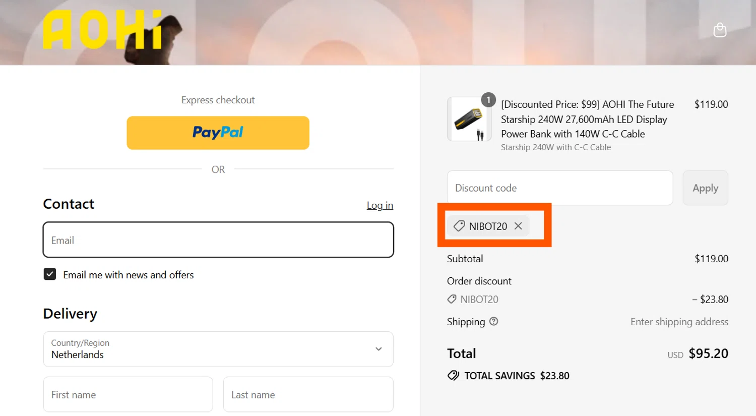 AOHI Tech promo code screenshot showing code NIBOT20 applied at AOHI Tech checkout page. Uploaded by SimplyCodes community member CleverSentinel4477 on Jul 25, 2025