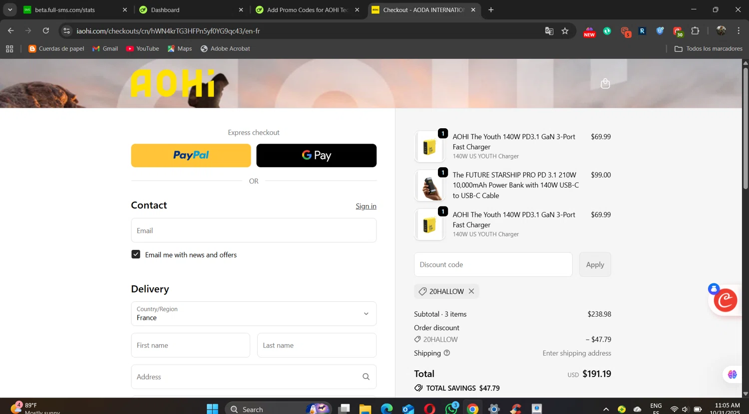 AOHI Tech promo code screenshot showing code 20HALLOW applied at AOHI Tech checkout page. Uploaded by SimplyCodes community member naimbethak on Oct 31, 2025