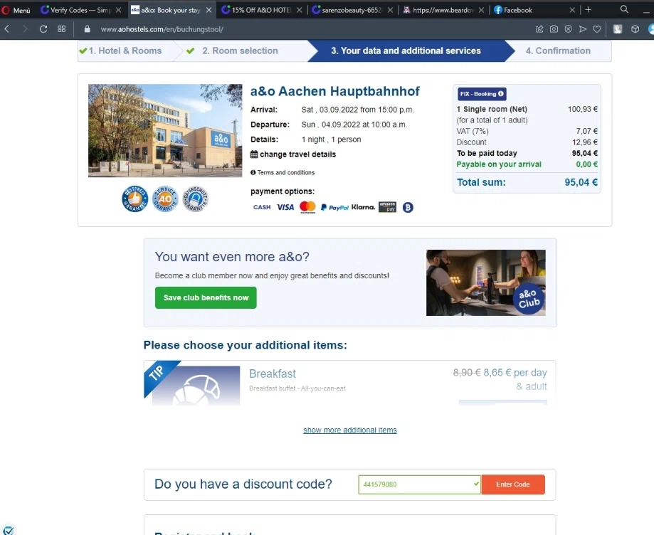 A&O Hostels checkout page showing A&O Hostels promo code box | Screenshot taken by SimplyCodes community member on Sep 30, 2022