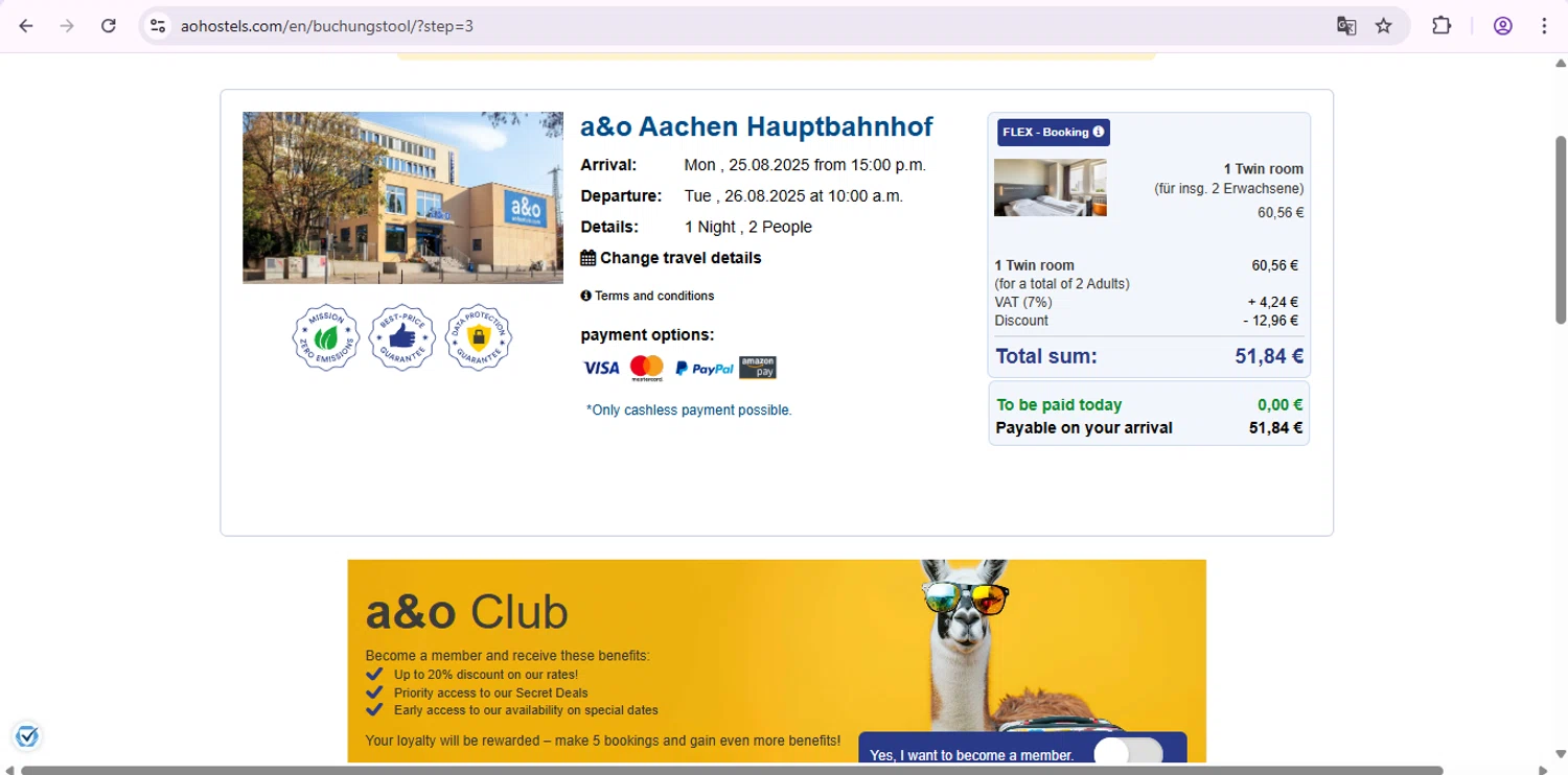 A&O Hostels checkout page showing A&O Hostels promo code box | Screenshot taken by SimplyCodes community member on Jul 30, 2025