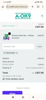 A-OK9 coupon verification screenshot