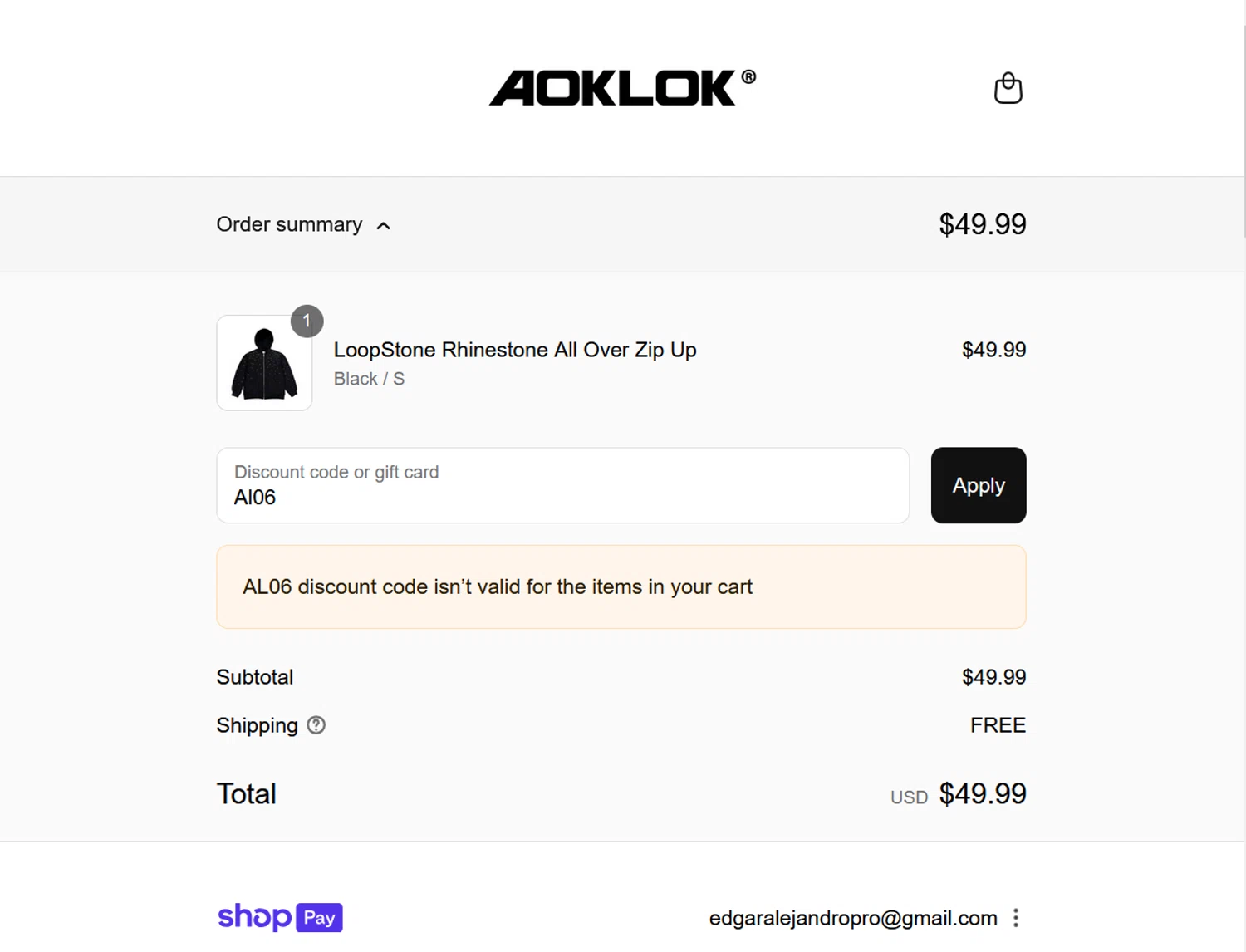 Aoklok discount code screenshot showing code Al06 applied at Aoklok checkout page. Uploaded by SimplyCodes community member ValiantLion5897 on Aug 27, 2025