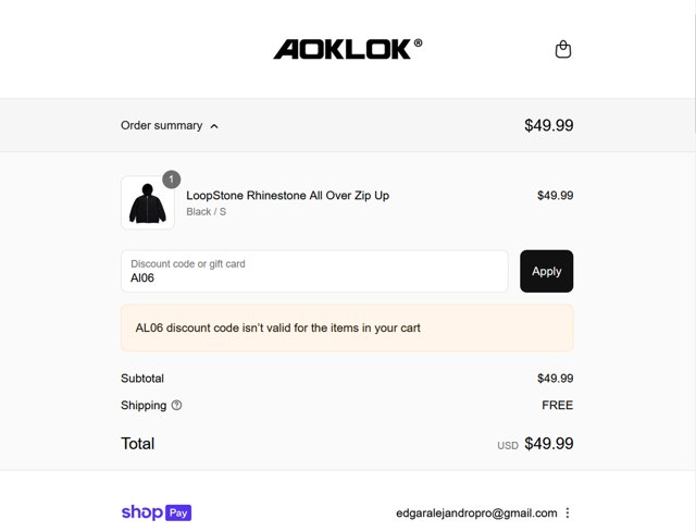 Aoklok checkout page showing Aoklok discount code box | Screenshot taken by SimplyCodes community member on Aug 27, 2025