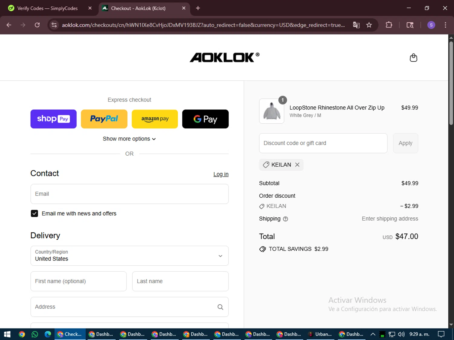 Aoklok discount code screenshot showing code KEILAN applied at Aoklok checkout page. Uploaded by SimplyCodes community member LuckyVoyager688 on Aug 1, 2025