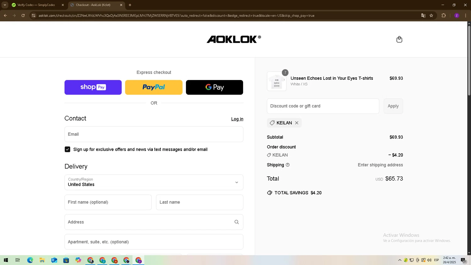 Aoklok discount code screenshot showing code KEILAN applied at Aoklok checkout page. Uploaded by SimplyCodes community member angelrodriguez on Apr 26, 2025