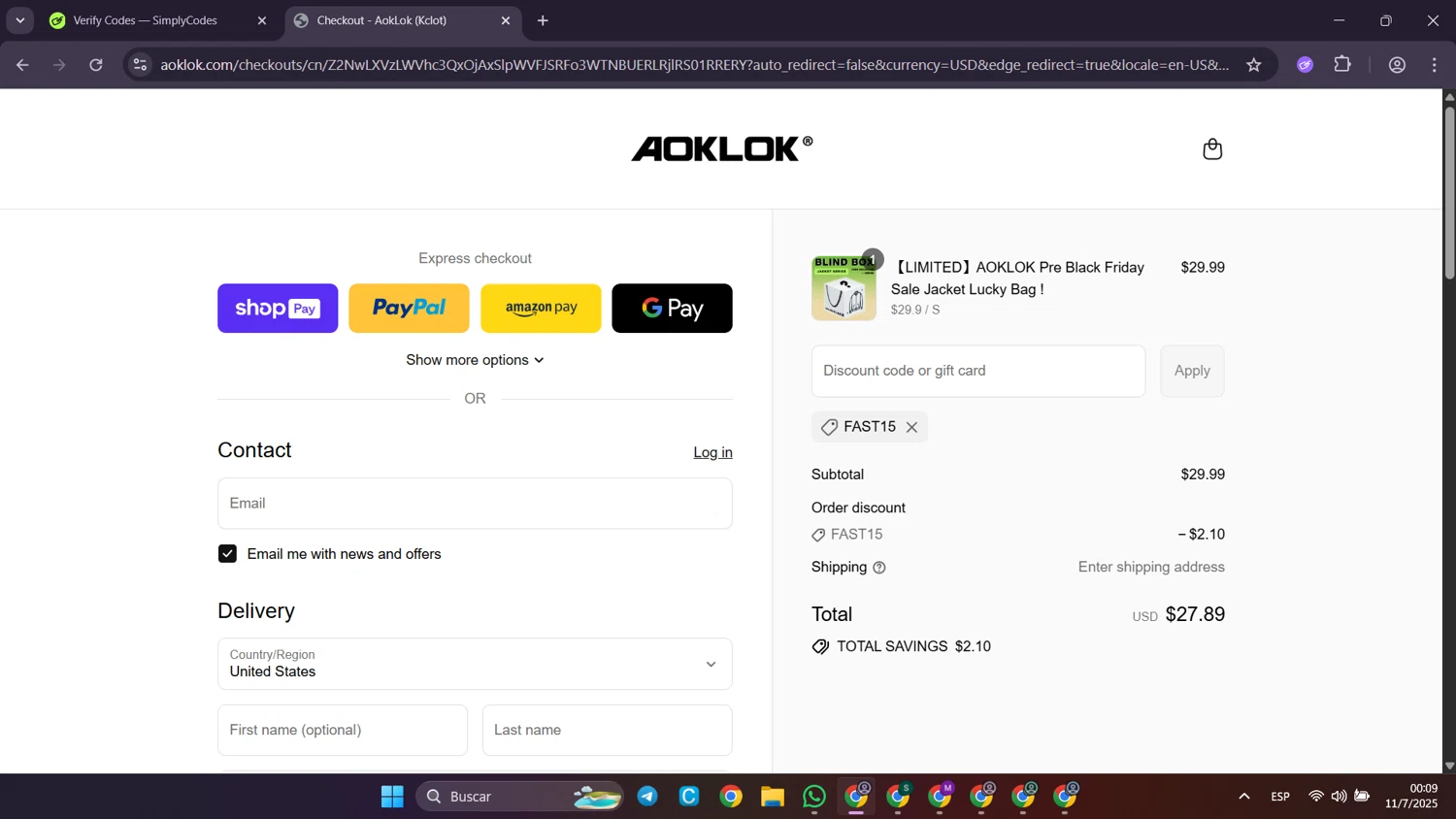 Aoklok discount code screenshot showing code FAST15 applied at Aoklok checkout page. Uploaded by SimplyCodes community member Puppet on Jul 11, 2025