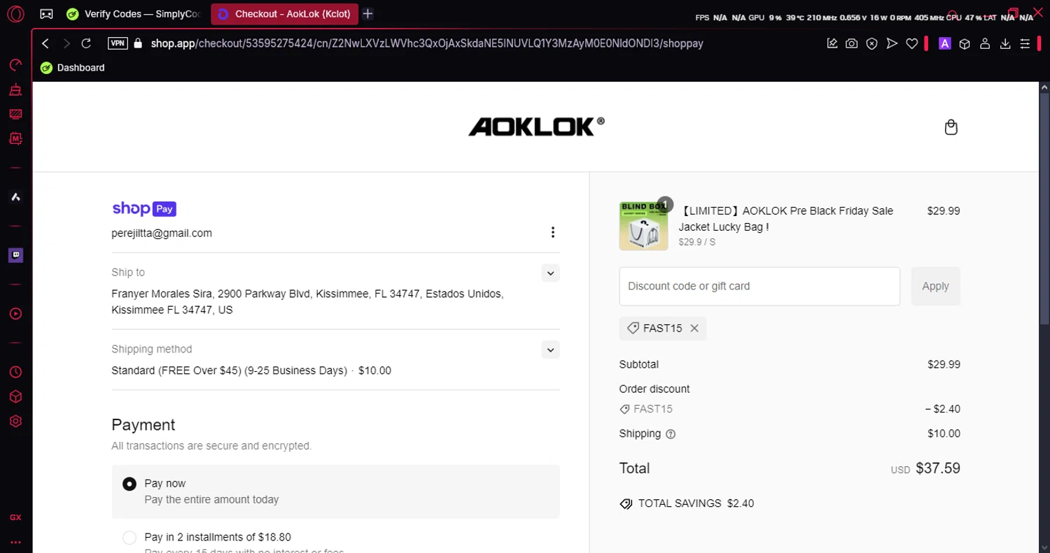 Aoklok discount code screenshot showing code FAST15 applied at Aoklok checkout page. Uploaded by SimplyCodes community member LuckyAce8014 on Jan 7, 2025