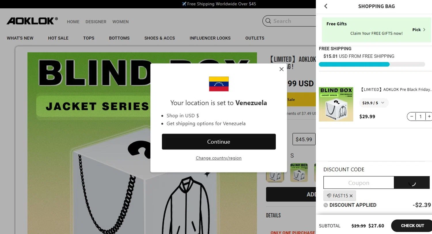Aoklok discount code screenshot showing code FAST15 applied at Aoklok checkout page. Uploaded by SimplyCodes community member SilverTracker8198 on Jan 7, 2025
