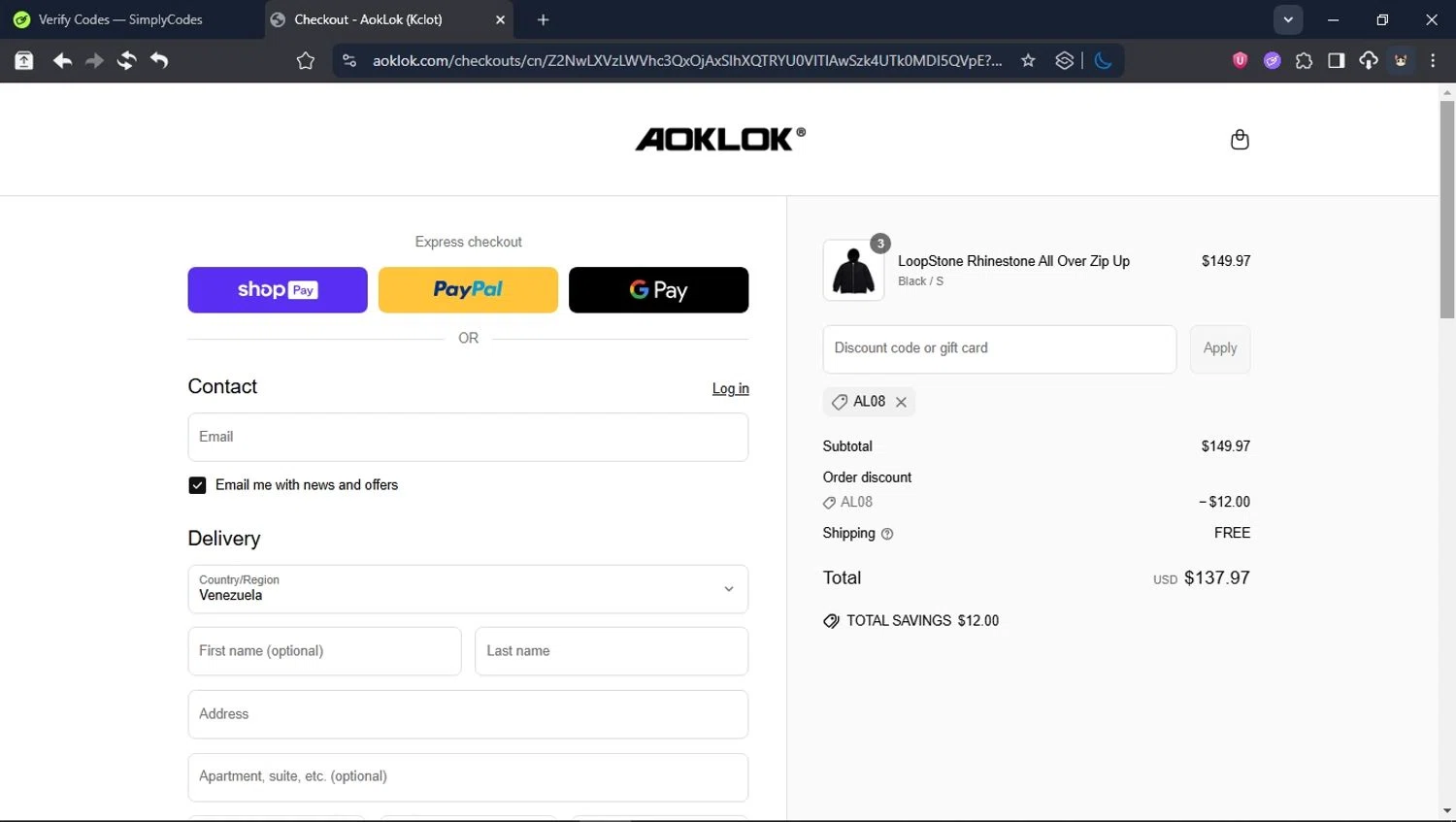 Aoklok discount code screenshot showing code AL08 applied at Aoklok checkout page. Uploaded by SimplyCodes community member USER_RANDON on Jun 16, 2025